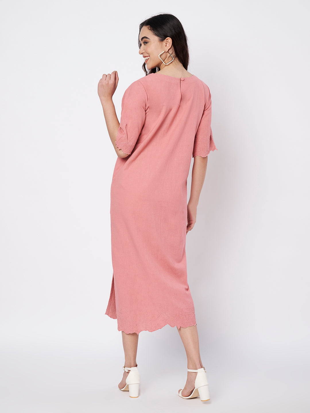 Salmon Pink Rosette Straight Cut Dress with side slits