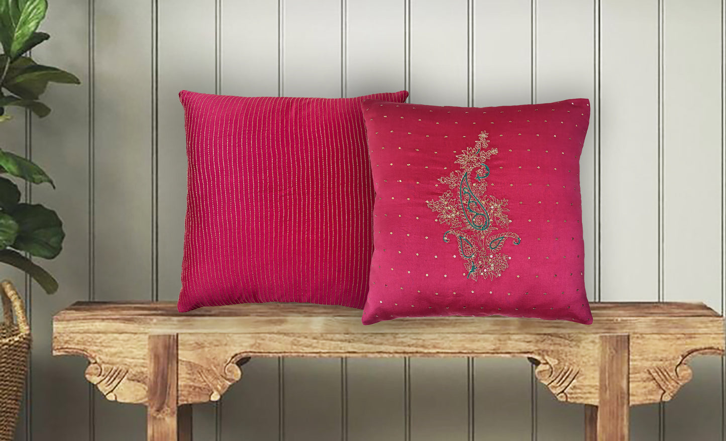 Paisley Reverie Fuchsia Pink Embroidered Cushion Cover