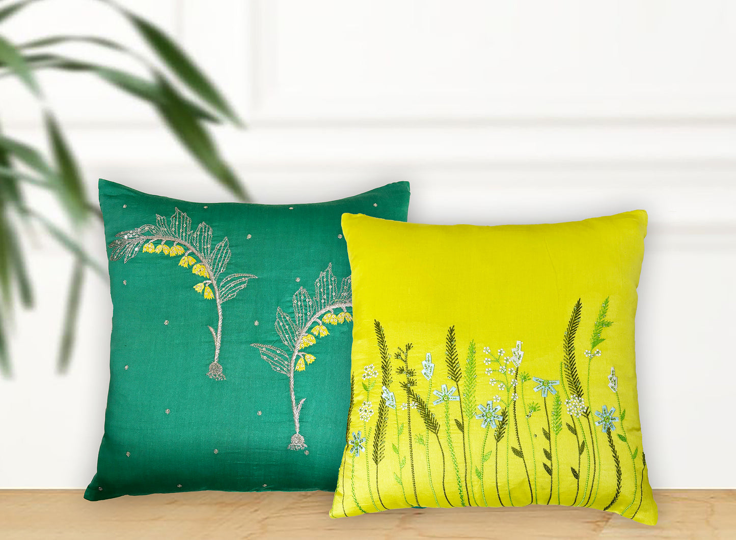 Whimsical Garden Yellow Embroidered Cushion Cover