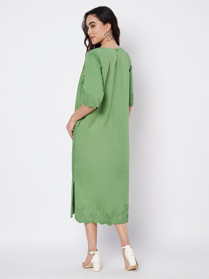 Sage Green Rosette Straight Cut Dress with side slits