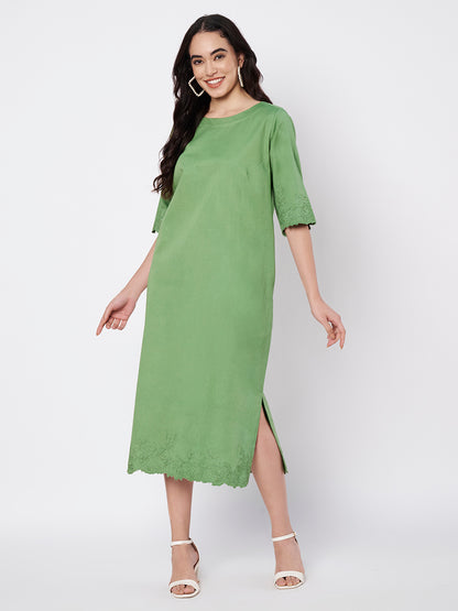 Sage Green Rosette Straight Cut Dress with side slits