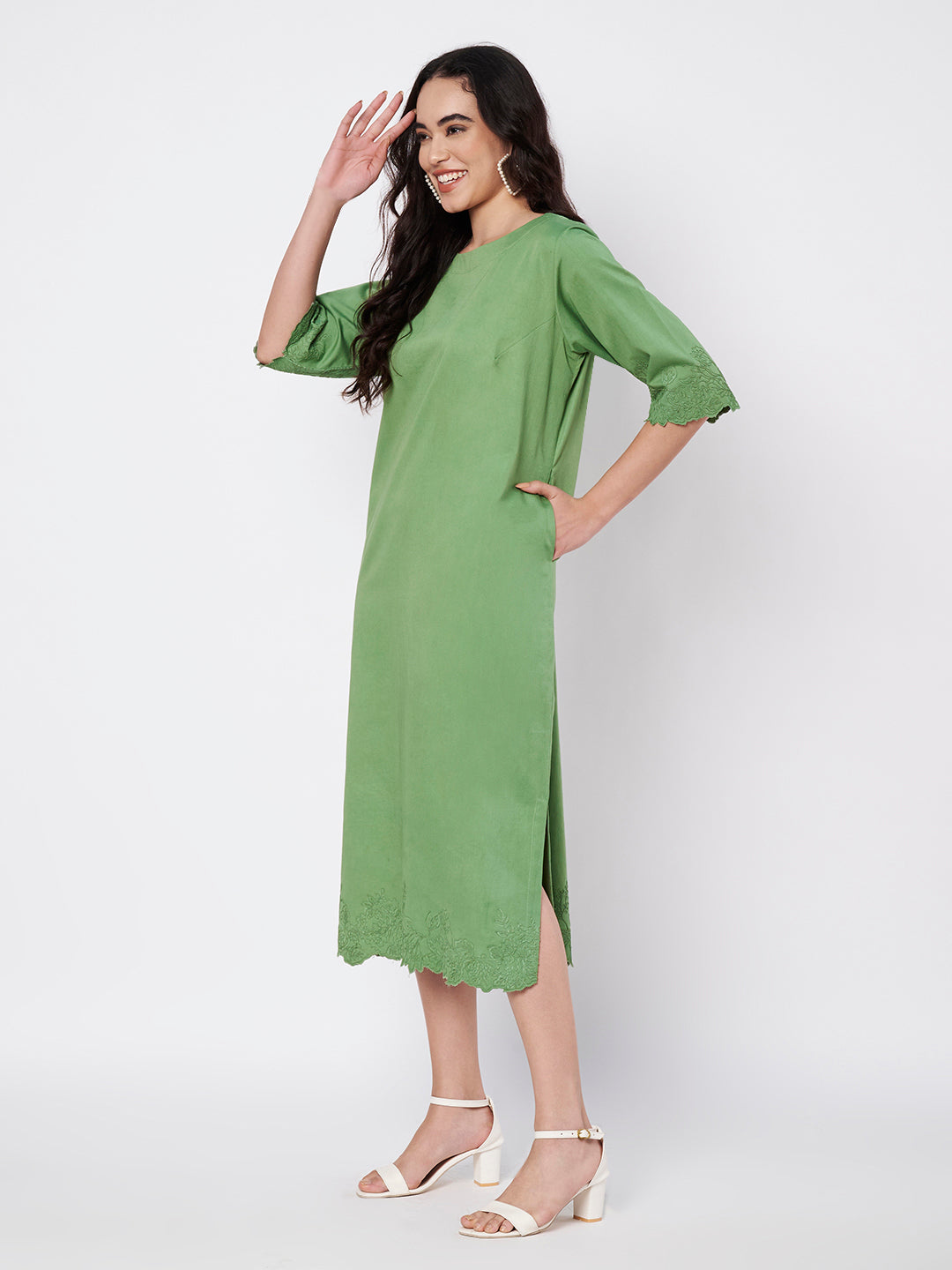 Sage Green Rosette Straight Cut Dress with side slits