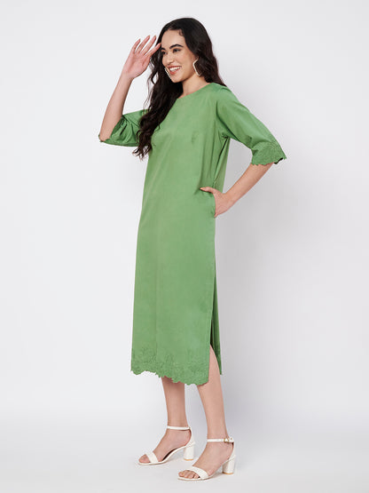 Sage Green Rosette Straight Cut Dress with side slits