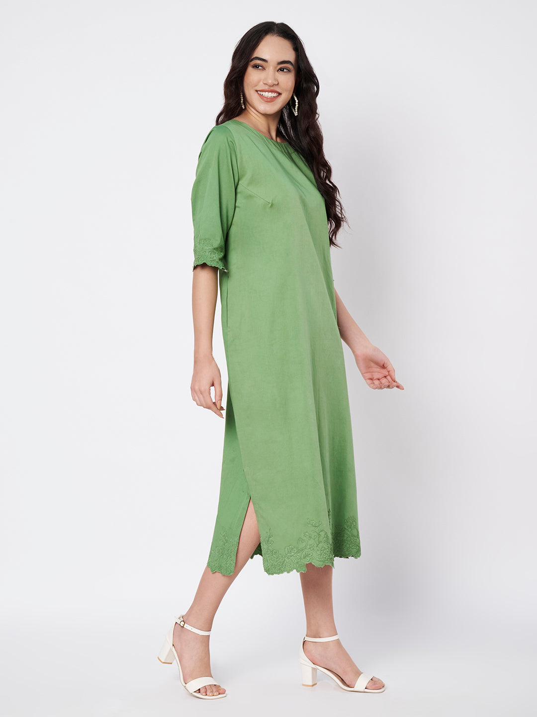Sage Green Rosette Straight Cut Dress with side slits