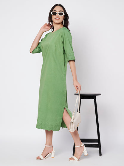 Sage Green Rosette Straight Cut Dress with side slits