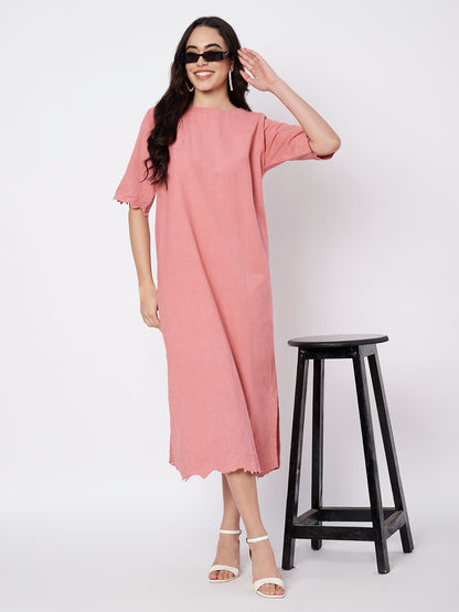 Salmon Pink Rosette Straight Cut Dress with side slits