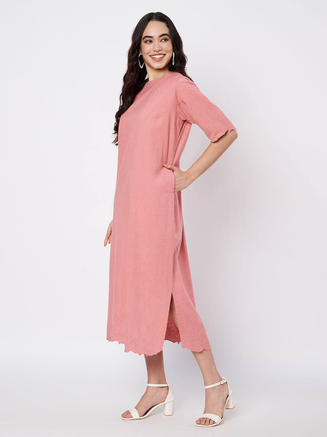 Salmon Pink Rosette Straight Cut Dress with side slits