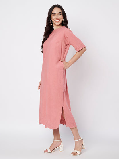 Salmon Pink Rosette Straight Cut Dress with side slits