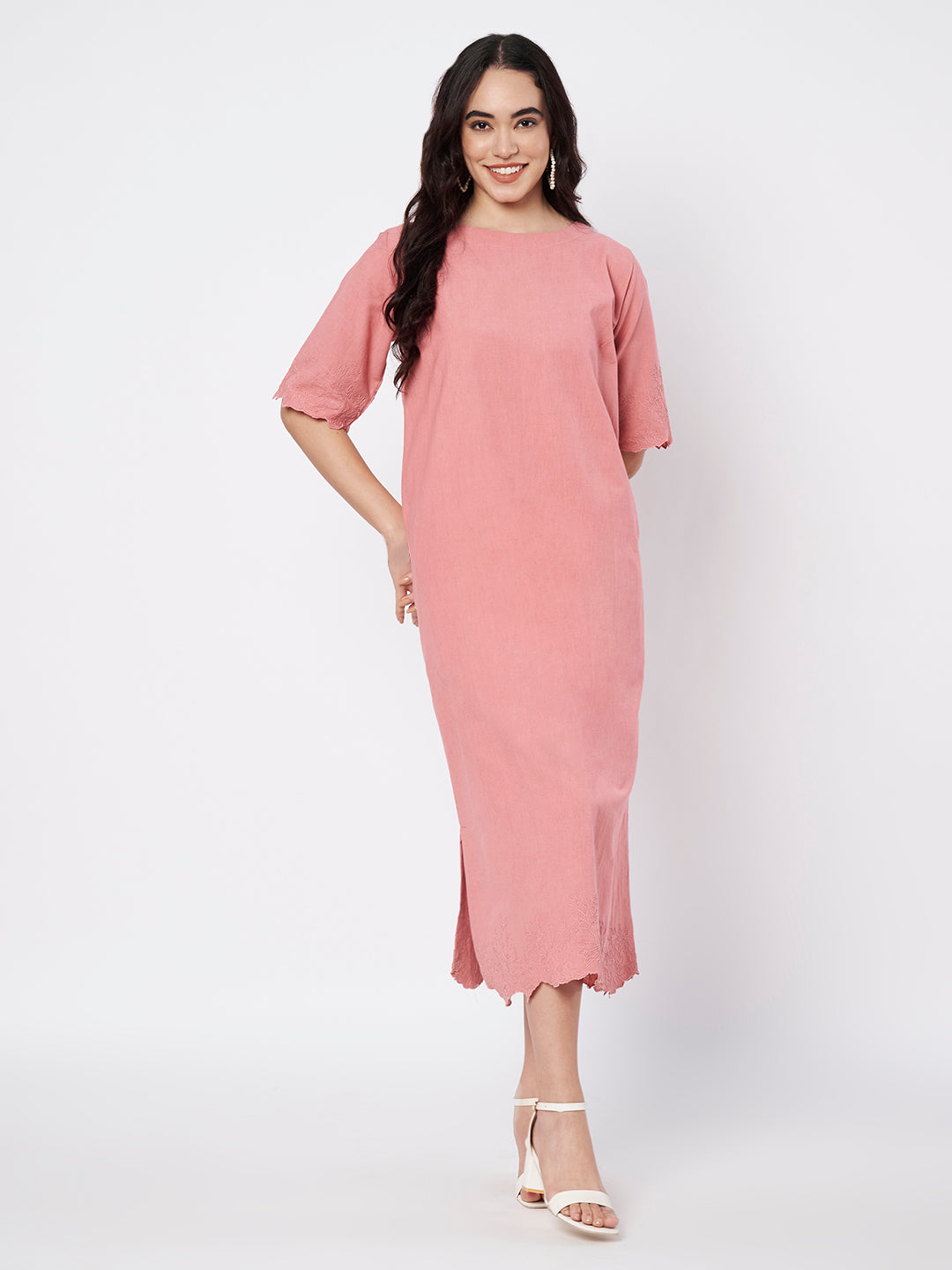 Salmon Pink Rosette Straight Cut Dress with side slits