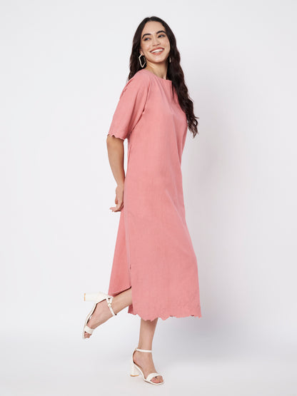 Salmon Pink Rosette Straight Cut Dress with side slits