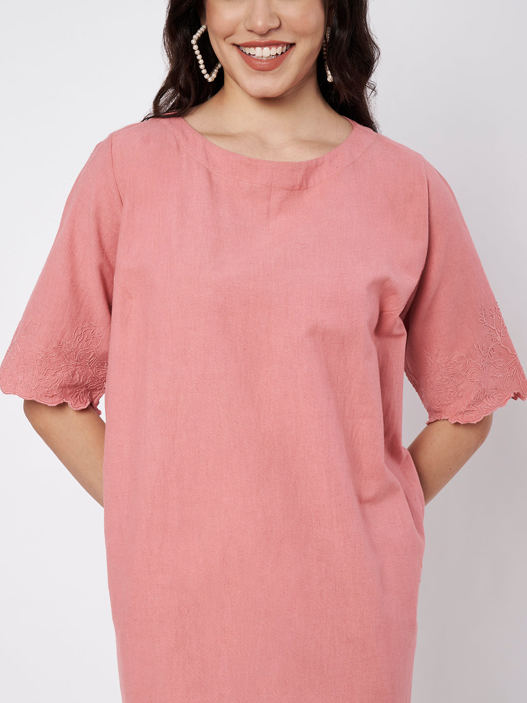 Salmon Pink Rosette Straight Cut Dress with side slits