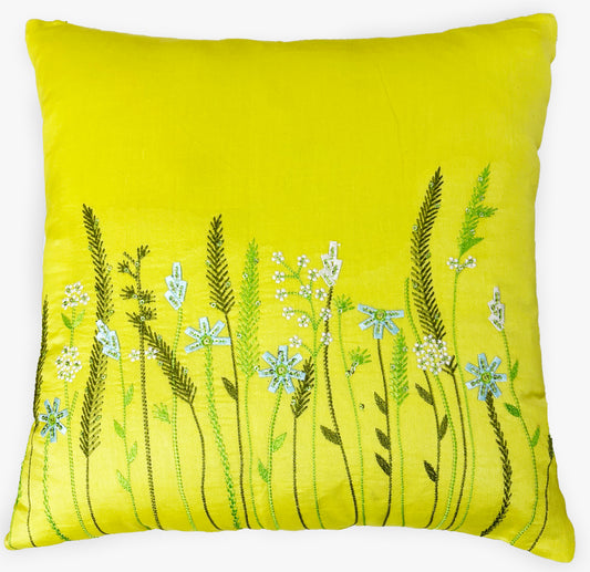 Whimsical Garden Yellow Embroidered Cushion Cover